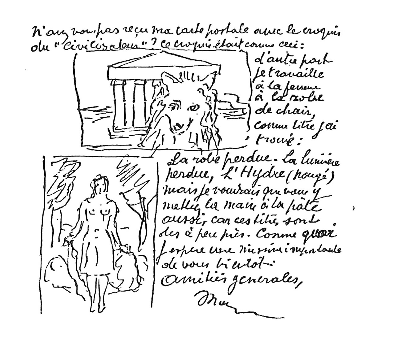 Lettera di Magritte a Marcel Mariën del 10 giugno 1944 con lo schizzo de “ Le civilisateur”