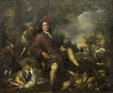 cacciatore con selvaggina e cani in un paesaggio Olio su tela, cm 192 X 231,5