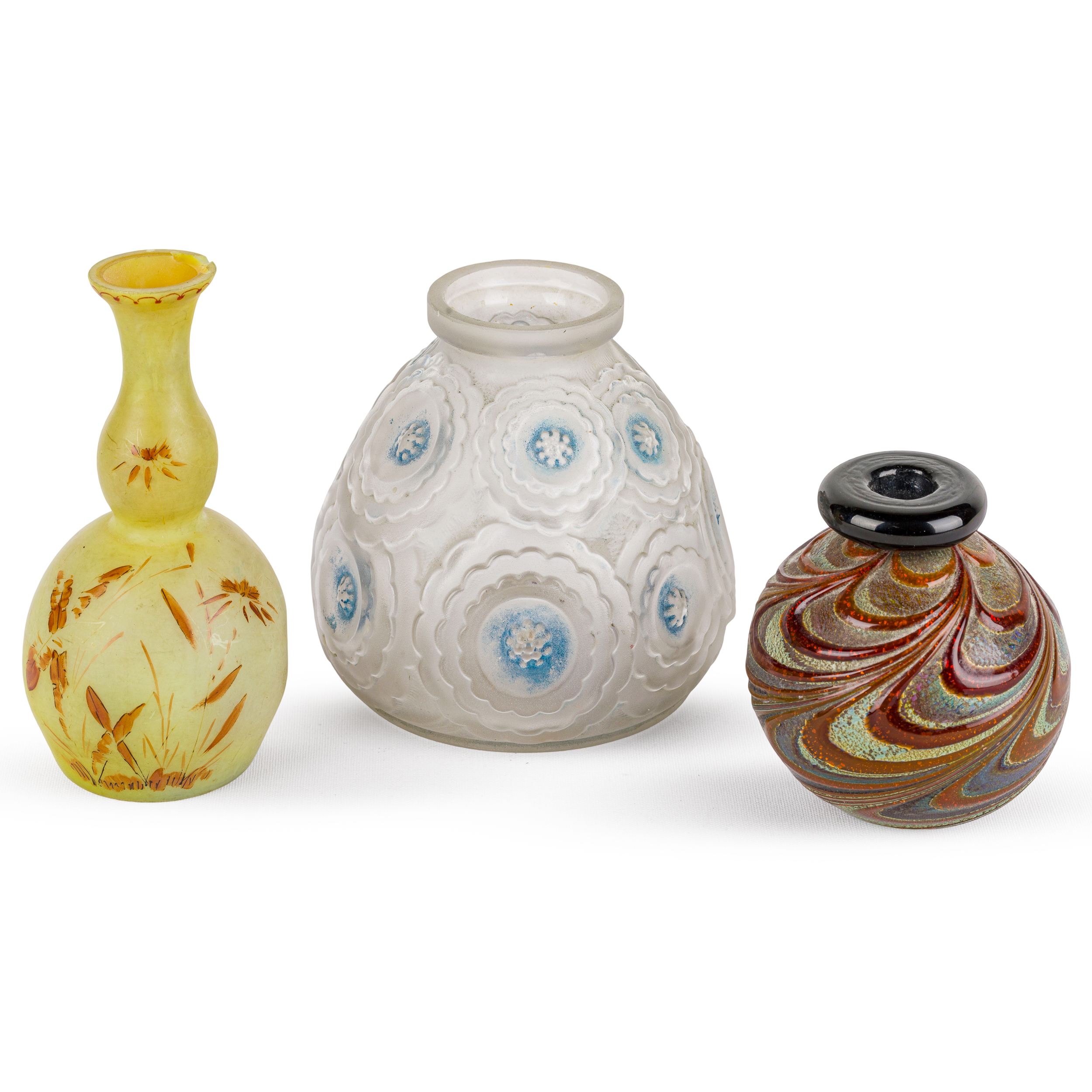 THREE GLASS VASES, 20TH CENTURY; WORN, MINOR SCRATCHES, ONE WITH A CHIP (3)