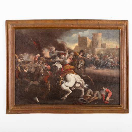 PITTORE DEL XVII-XVIII SECOLO Scena di battaglia<br>Olio su tela, cm 63,5X88