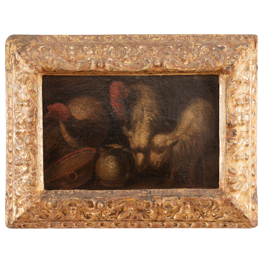 PITTORE GENOVESE DEL XVII-XVIII SECOLO  Pecore<br>Olio su cartone, cm 19X29