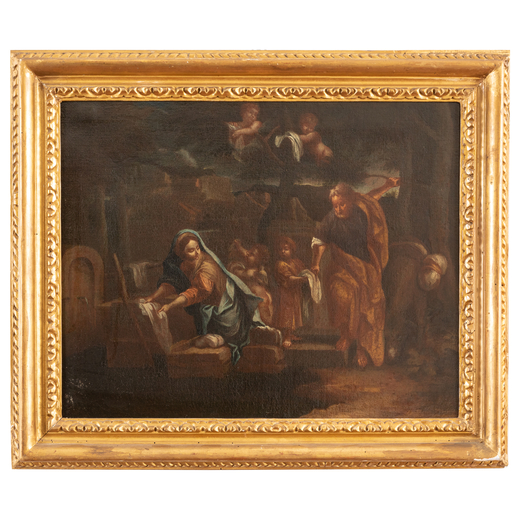 PITTORE EMILIANO DEL XVII-XVIII SECOLO  Riposo dalla fuga in Egitto<br>Olio su tela, cm 44X56