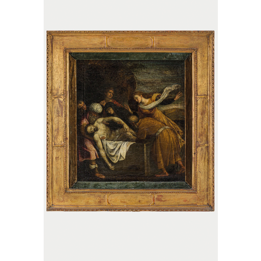 PITTORE LOMBARDO-VENETO DEL XVII SECOLO Deposizione di Cristo nel sepolcro<br>Olio su tela, cm 61X51