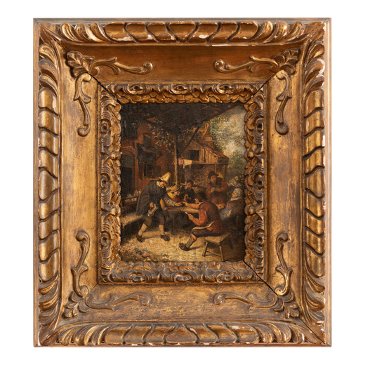 PITTORE DEL XX SECOLO (copia da pittore fiammingo) Scena di osteria<br>Olio su tavola, cm 30X24,5