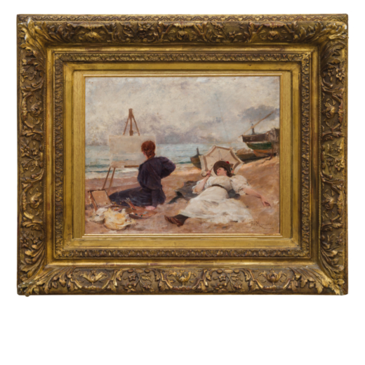 FRANCISCO MIRALLES Y GALUP (Valence, 1848 - Barcelone, 1909)<br>Une femme qui peint sur la plage<br>