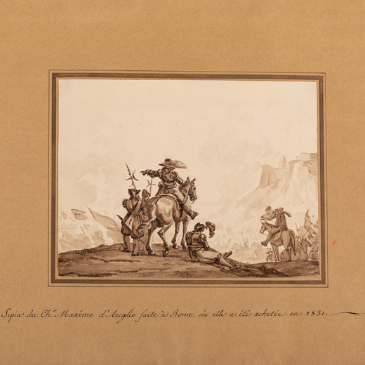 MASSIMO TAPARELLI DAZEGLIO (Torino 1798 - 1866)<br>Cavalieri<br>Acquerello e penna su carta applicat