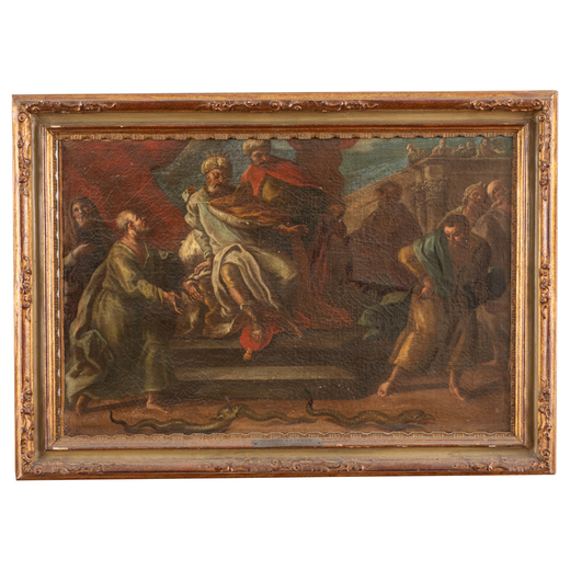 PITTORE LOMBARDO DEL XVIII SECOLO Scena storica<br>Olio su tela, cm 48,5X73