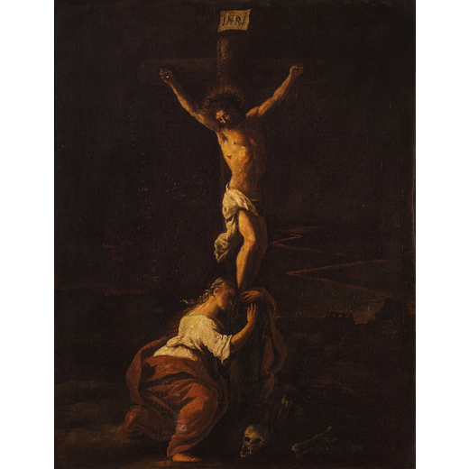 GIAMBATTISTA PIAZZETTA (attr. a) Maddalena ai piedi del crocifisso<br>Olio su tela, cm 74X57