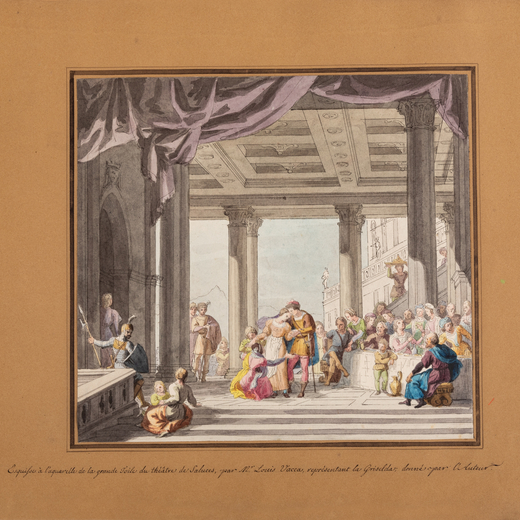 LUIGI VACCA  (Torino, 1778 - 1854) <br>Bozzetto per il sipario del teatro di Saluzzo raffigurante La