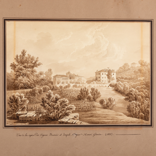 ENRICO GONIN (Torino, 1799 - 1870)<br>Vista dei vigneti Prunei et Seysel in Savoia (1833)<br>Firmato