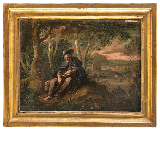 PITTORE FIAMMINGO DEL XVII-XVIII SECOLO Paesaggio con SantAntonio Abate<br>Olio su rame, cm 16X21,5