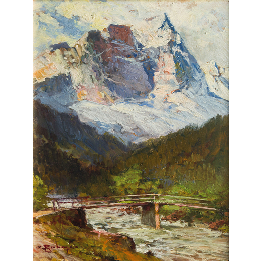 CESARE BENTIVOGLIO (Genova 1868 - 1952)<br>Paesaggio di montagna con cime innevate <br>Firmato C Ben