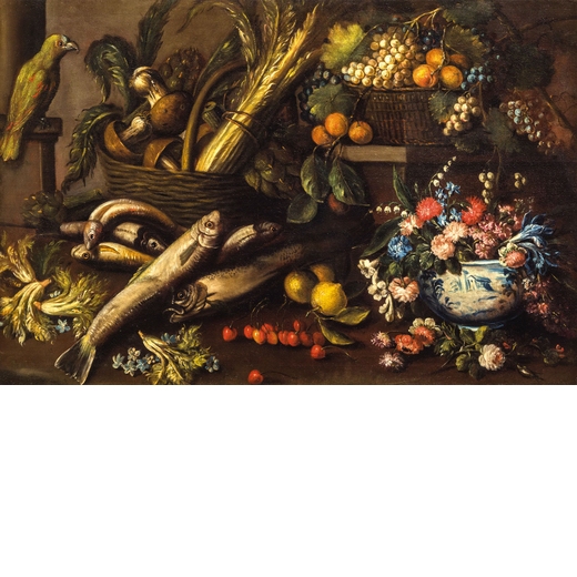 FELICE BOSELLI  (Piacenza, 1651 - Parma, 1732) <br>Natura morta con pesci, fiori, frutta, verdura e 