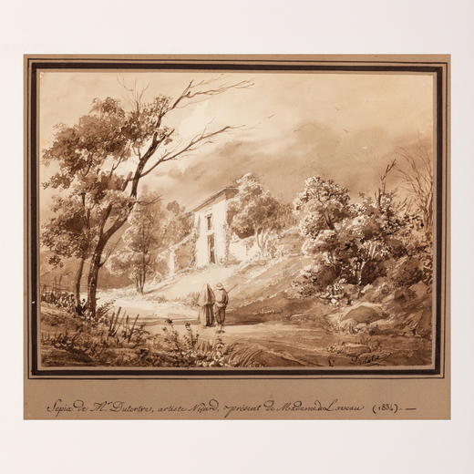 ANDRÈ DUTERTRE (Parigi, 1743 - 1842)<br>Paesaggio con figure<br>Firmato in basso a destra<br>Acquer