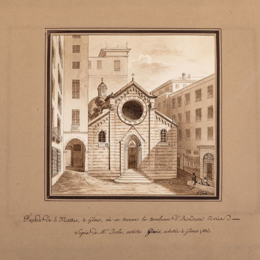 GIUSEPPE ISOLA (Genova, 1808 - 1893)<br>Piazza San Matteo con lomonima chiesa a Genova<br>Firmato G 