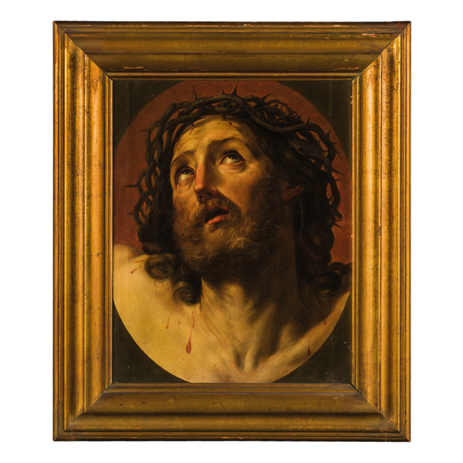 GUIDO RENI (maniera di) (Calvenzano, 1575 - Bologna, 1642)<br>Testa di Cristo <br>Olio su tela, cm 4