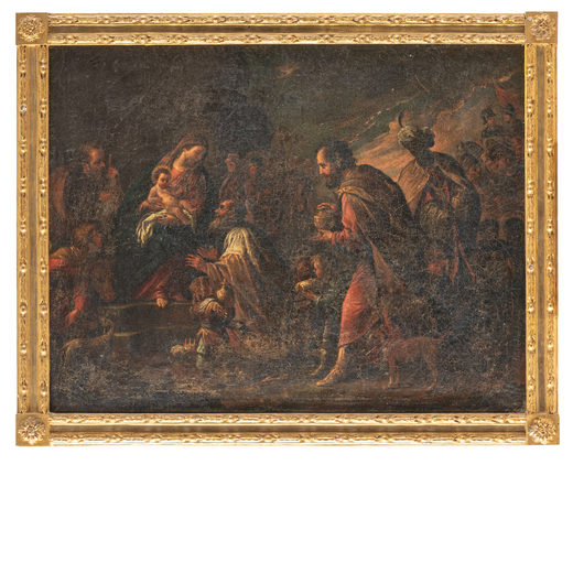 PITTORE VENETO DEL XVII-XVIII SECOLO Adorazione dei Magi<br>Olio su tela, cm 52X67