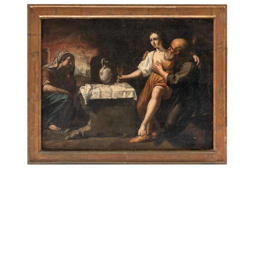 PITTORE TENEBROSO DEL XVII SECOLO Lot e le figlie<br>Olio su tela, cm 41,5X55
