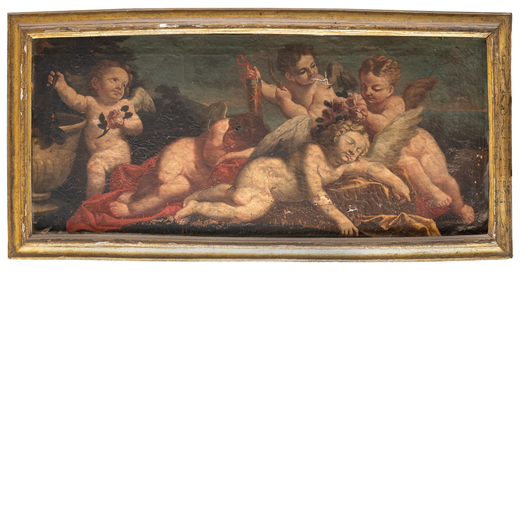 FRANCESCO BARTOLOZZI (attr. a) (Firenze, 1727 - Lisbona, 1815) <br>Paesaggio con amorini <br>Olio su