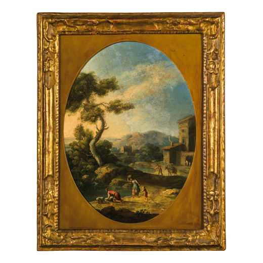 MICHELE PAGANO (Napoli, 1697 - dopo il 1750)<br>Paesaggio con casolare, torrente e lavandaie<br>Olio