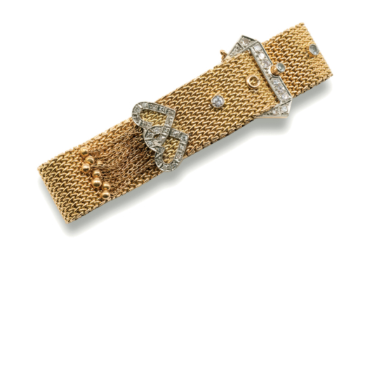BRACELET JONC EN OR ET DIAMANTS,FIN DES ANNÉES 1940 bracelet en maille tissée,le fermoir en forme 