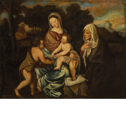 PITTORE VENETO DEL XVI-XVII SECOLO Madonna col Bambino, San Giovannino e SantAnna<br>Olio su tela, c