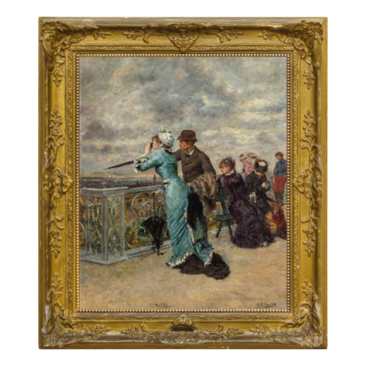 EDUARDO LEON GARRIDO (Madrid, 1856- Caen, 1921)<br>Sur la terrasse en admirant Paris <br>Signé E. L