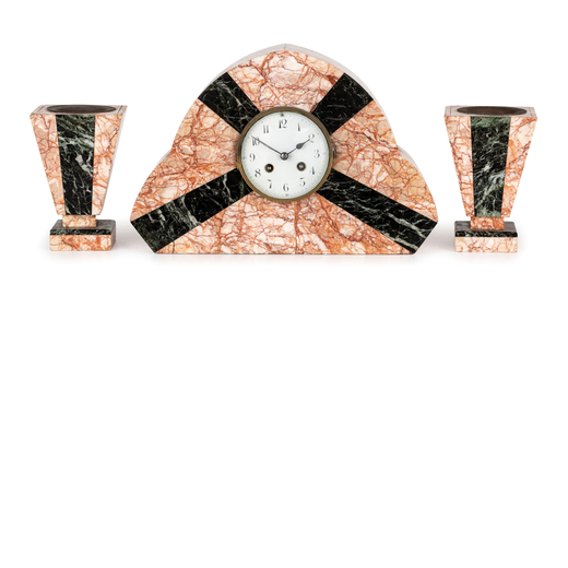 TRITTICO - OROLOGIO A PENDOLO DECO, FRANCIA, INIZIO DEL XX SECOLO orologio con cassa in marmo rosa e