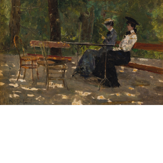 RAFFAELE TAFURI (Salerne, 1857- Venise, 1929) <br>Conversation au parc<br>Signé R. Tafuri <br>Huile