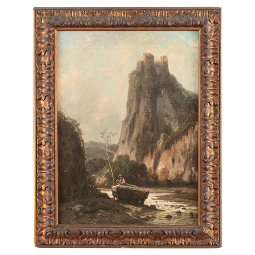 TAMMAR LUXORO Genova 1825 - 1899<br>Paesaggio con figure<br>Olio su tela, cm 60,5X44,5