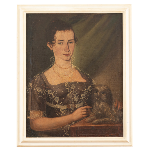 PITTORE DEL XIX SECOLO <br>Ritratto di gentildonna con cane<br>Olio su tela, cm 62X48