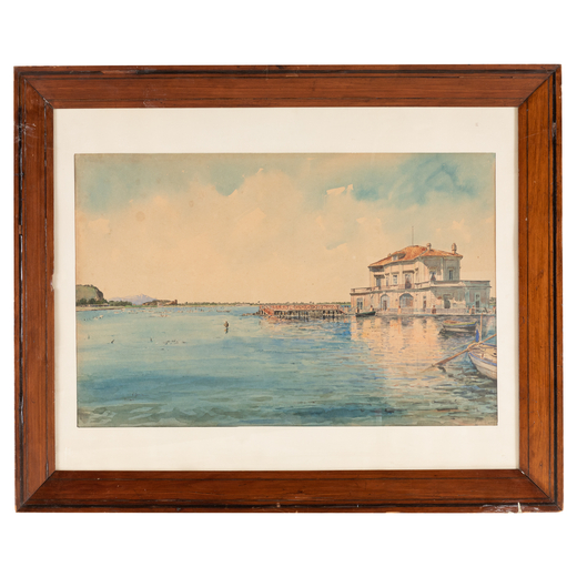VINCENZO LORIA Salerno 1849 - La Spezia 1939<br>Veduta del Lago di Fusaro con la casina Reale<br>Fir