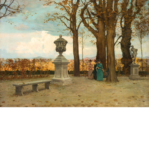 MARCO CALDERINI (Turin, 1850- 1941) <br>Promenade dans le jardin du Palais royal à Turin<br>Signé 
