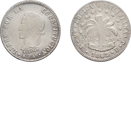 ZECCHE ESTERE. BOLIVIA. 8 SOLES 1862 Potosì, argento, 20,16 gr, 37 mm. BB.<br>D: Busto laureato di 
