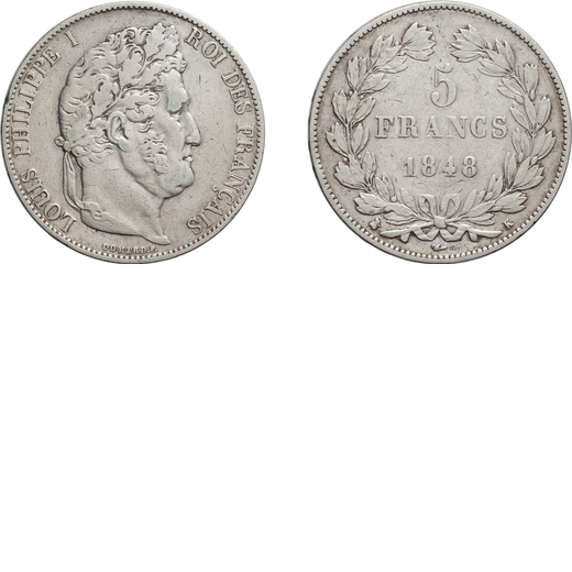ZECCHE ESTERE. FRANCIA. LUIGI FILIPPO (1830-1848). 5 FRANCHI 1848 Argento, 24,77 gr, 37 mm. MB. <br>