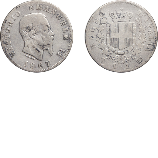 SAVOIA. REGNO DITALIA. VITTORIO EMANUELE II. LIRA 1867 Torino. Argento, 4,56 gr, 23 mm. MB. Molto ra
