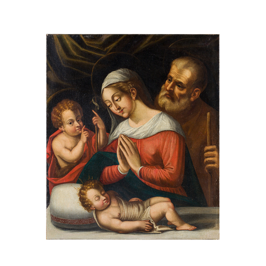 PITTORE DEL XVII-XVIII SECOLO Sacra Famiglia<br>Olio su tela, cm 85X71,5