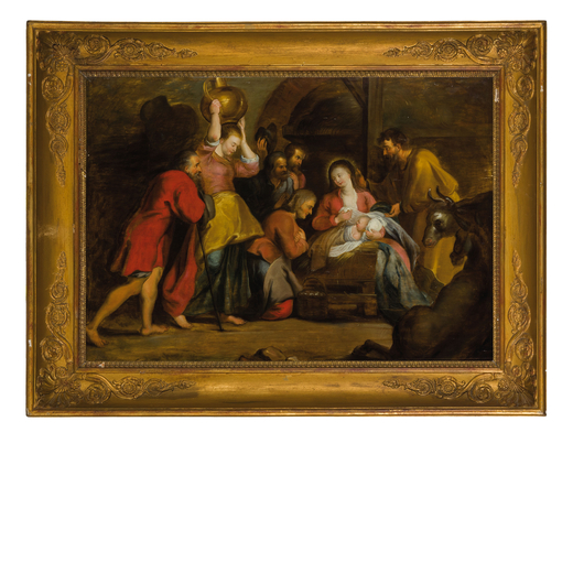 ABRAHAM WILLEMSEN (attr. a) (Anversa, 1605 - 1672)<br>Adorazione dei pastori<br>Olio su tavola, 70X1