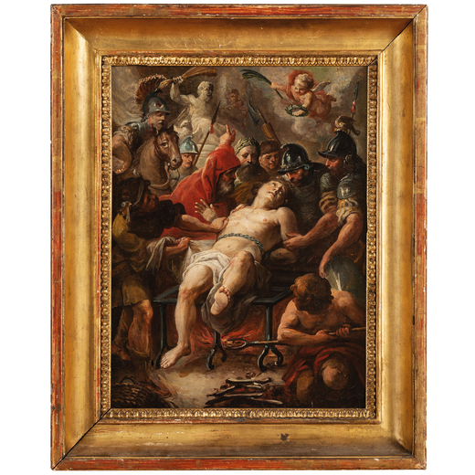 PITTORE DEL XVII-XVIII SECOLO Martirio di San Lorenzo <br>Olio su tela, cm 42X33