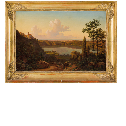 PITTORE DEL XIX SECOLO  Veduta del lago di Nemi<br>Firmato e datato 1862 in basso a destra in manier