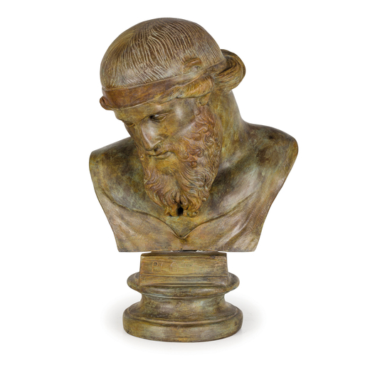 GRUPPO IN BRONZO PATINATO, XIX-XX SECOLO raffigurante busto di Platone da repertori classici<br>Nel 