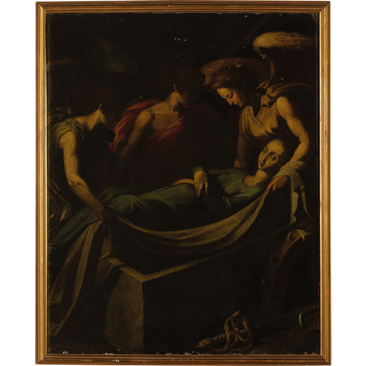 PITTORE DEL XVII SECOLO Deposizione di Santa Caterina<br>Olio su tela, cm 80X64