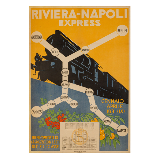 Riviera-Napoli Express Manifesto Litografia [Telato]<br>Monogrammato DV<br>Edito Tipo-Lito Ferrovie 