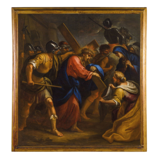 GIOVANNI RAFFAELE BADARACCO  (Genova, 1645 - 1717)<br>Salita al Calvario<br>Olio su tela, cm 170X157