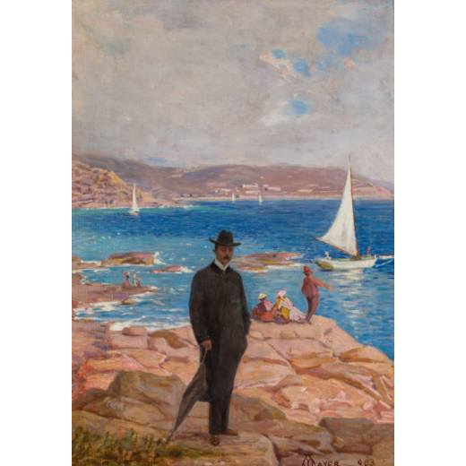 ANTON MAYER-DI MILANO (1862- 1921)<br>La plage du Cap Sant Ampelio à Bordighera<br>Signé A. Mayer,