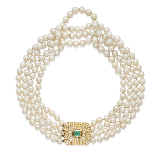 COLLIER EN OR, ÉMERAUDE, PERLES DE CULTURE ET DIAMANTS formé de quatre rangs de perles de culture 