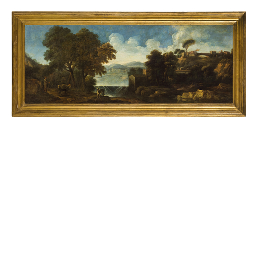 PAOLO ANESI (attr. a) Paesaggio con il fiume Tevere e un cane<br>Olio su tela, cm 50X130