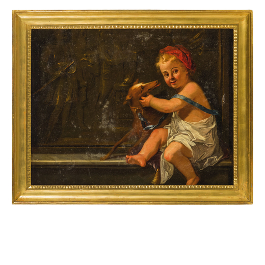 PITTORE DEL XVIII SECOLO Bambino con cane<br>Olio su tela, cm 80X100