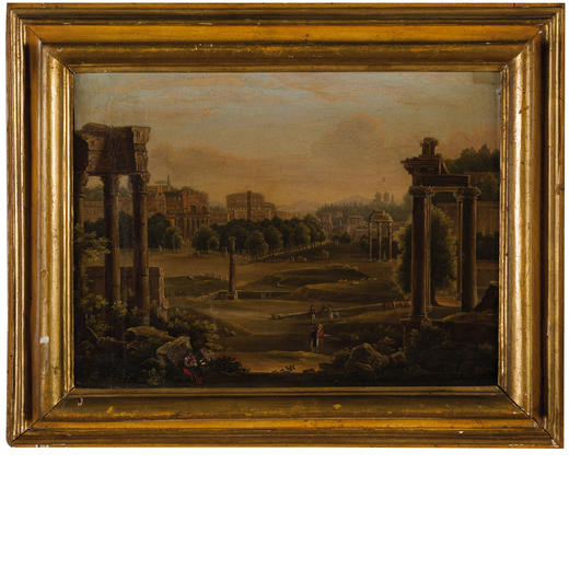 PITTORE DEL XVIII-XIX SECOLO Veduta di Roma<br>Olio su tela, cm 37X48