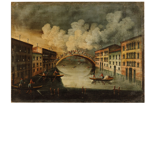 GABRIEL BELLA (attr. a) (Venezia, 1730 - 1799)<br>Ponte dei pugni<br>Olio su tela, cm 74X97
